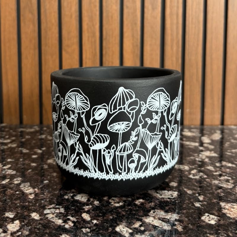 Terracotta Pot - Mushroom Forest Print - Whimsical Plant Pot - For Indoor/Outdoor Decor, For Plants, Flowers, And Herbs Black