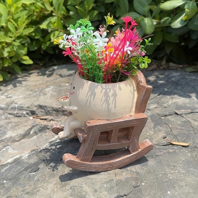 Wonderland Whimsical Smiling Sitting Rocking Chair Planter – Cute Face Flower Pot with Coffee Cup Accent for Succulents and Small Plants-