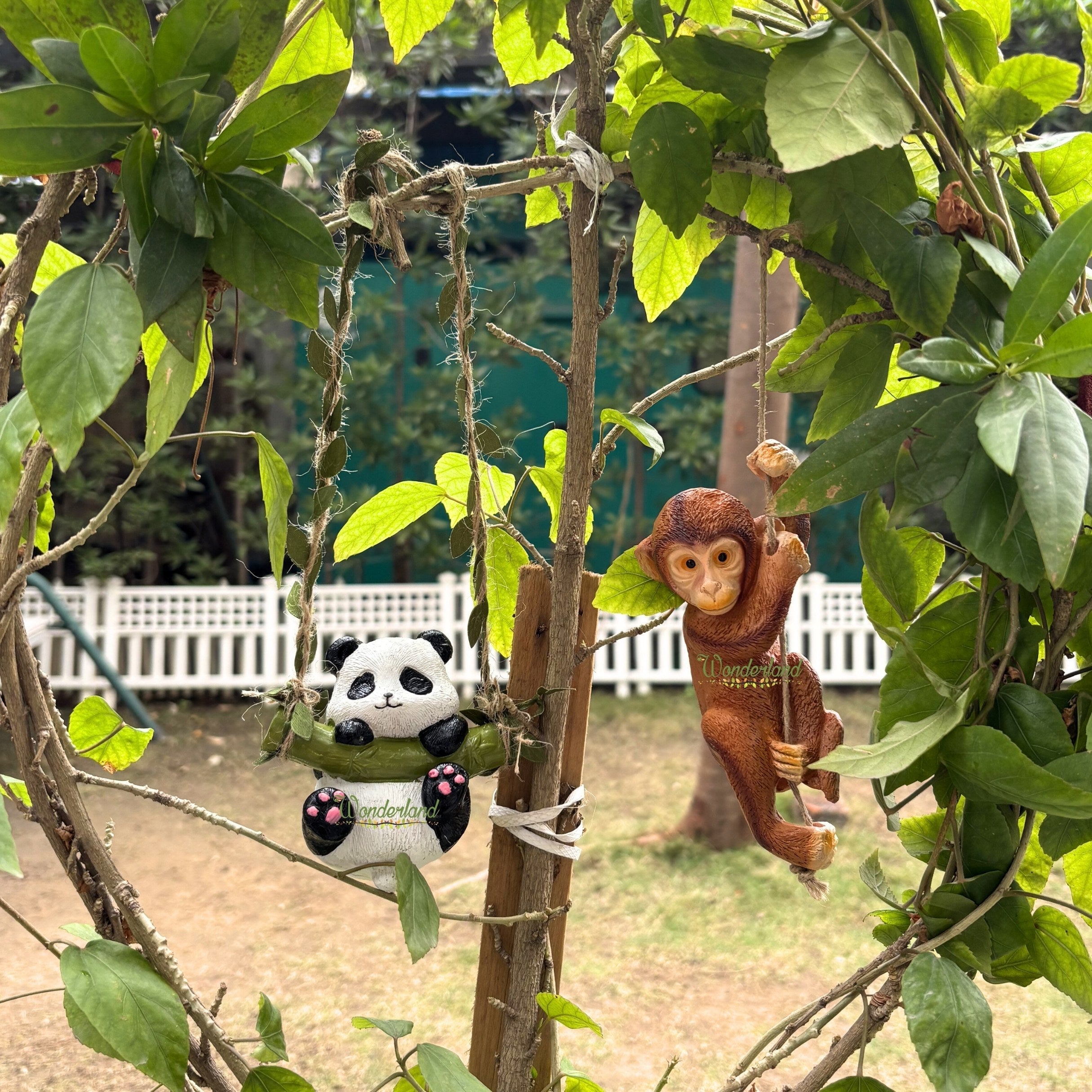 Hanging Garden Statue Set – Panda on Swing & Hanging Monkey Figurines