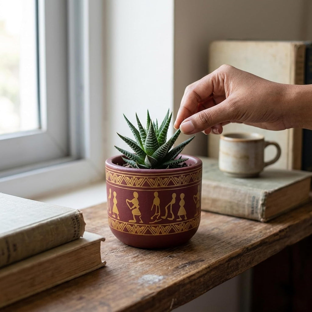 Terracotta Pot - Tribal Art Design - Decorative Plant Pot - For Indoor/Outdoor Decor, For Plants, Flowers, And Herbs Maroon