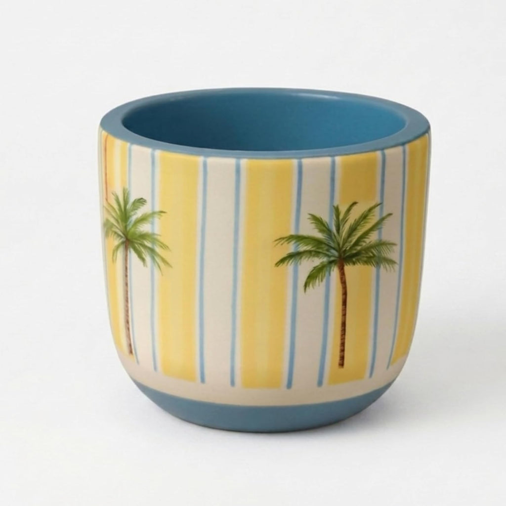 Hand-Painted Tropical Palm Terracotta Planter – 4-Inch Striped Coastal Indoor Pot for Succulents and Cacti – Blue & Yellow