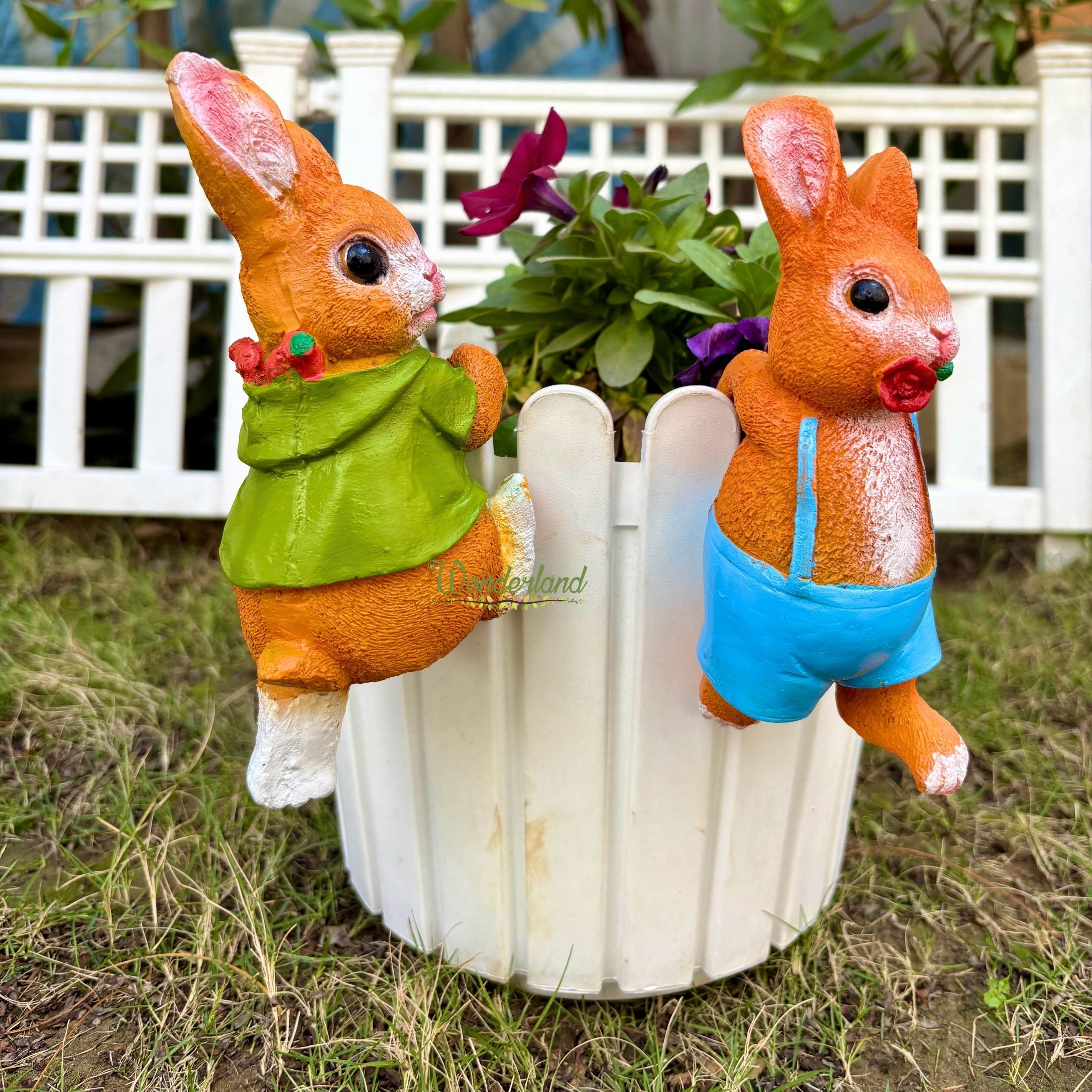 Climbing Bunny Garden Pot Hangers - Set of 2 Resin Rabbit Ornaments