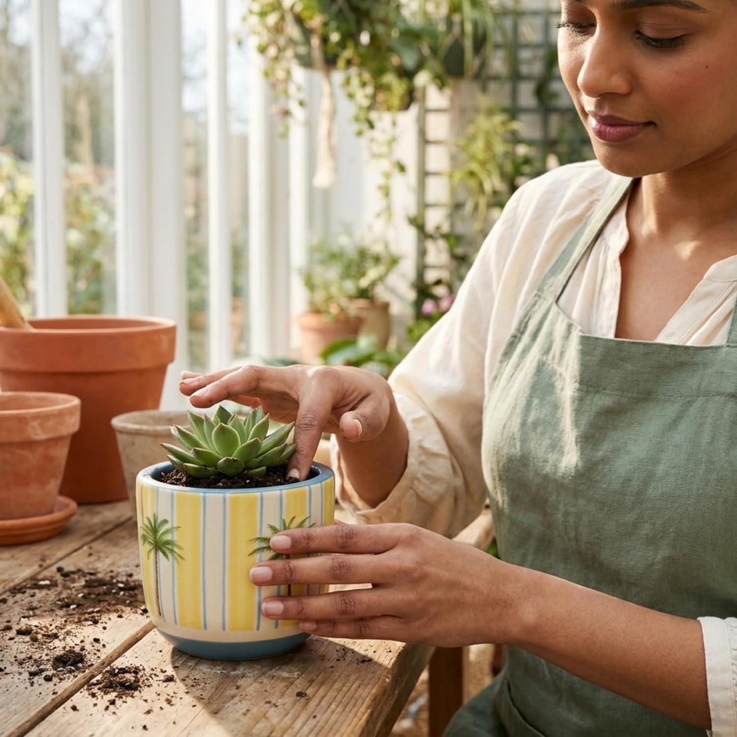 Hand-Painted Tropical Palm Terracotta Planter – 4-Inch Striped Coastal Indoor Pot for Succulents and Cacti – Blue & Yellow