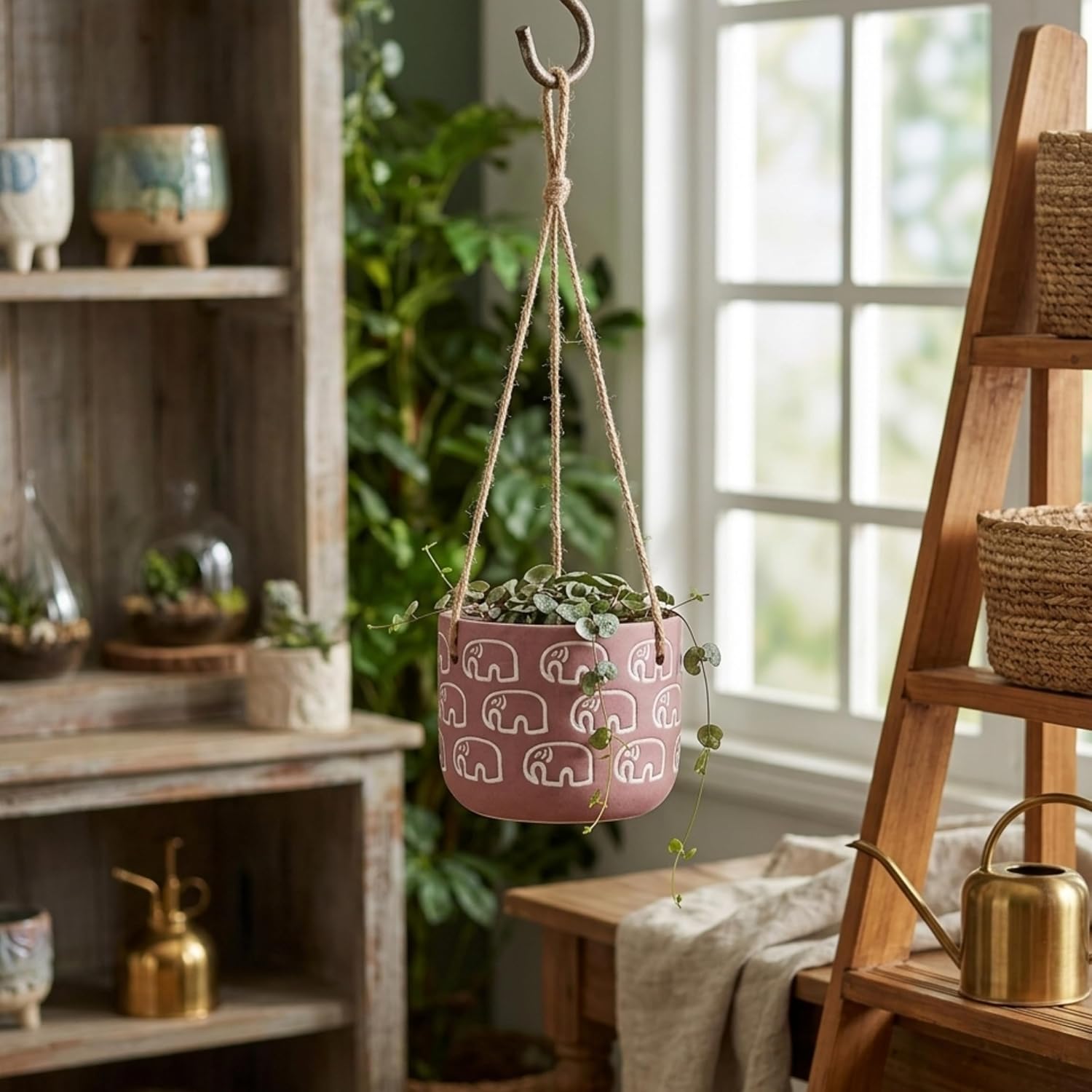 Terracotta Elephant Print  Hanging Planter-Hanging Planter-Cute Plant Pot - For Indoor/Outdoor Decor,( Plant not included)