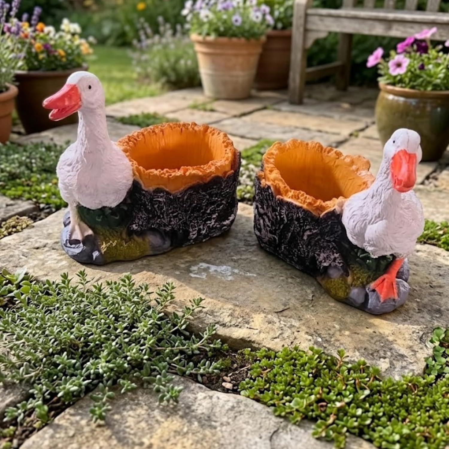 Pair of Duck Garden Planters – Set of 2 Resin  Flower Pots