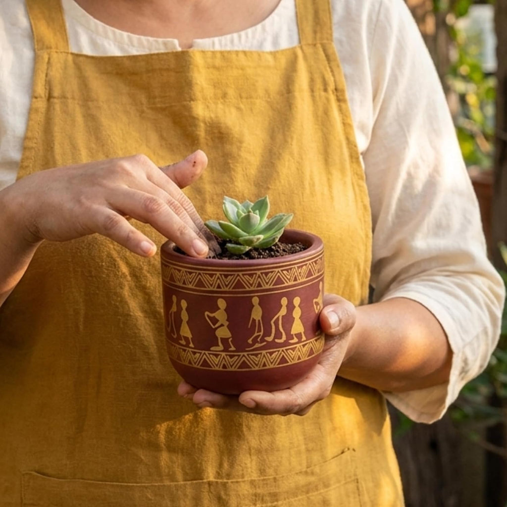 Terracotta Pot - Tribal Art Design - Decorative Plant Pot - For Indoor/Outdoor Decor, For Plants, Flowers, And Herbs Maroon