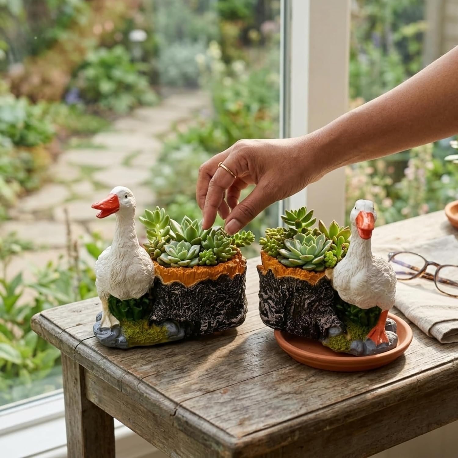 Pair of Duck Garden Planters – Set of 2 Resin  Flower Pots