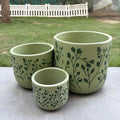 Botanical Leaf Hand-Painted Terracotta Planter Set –