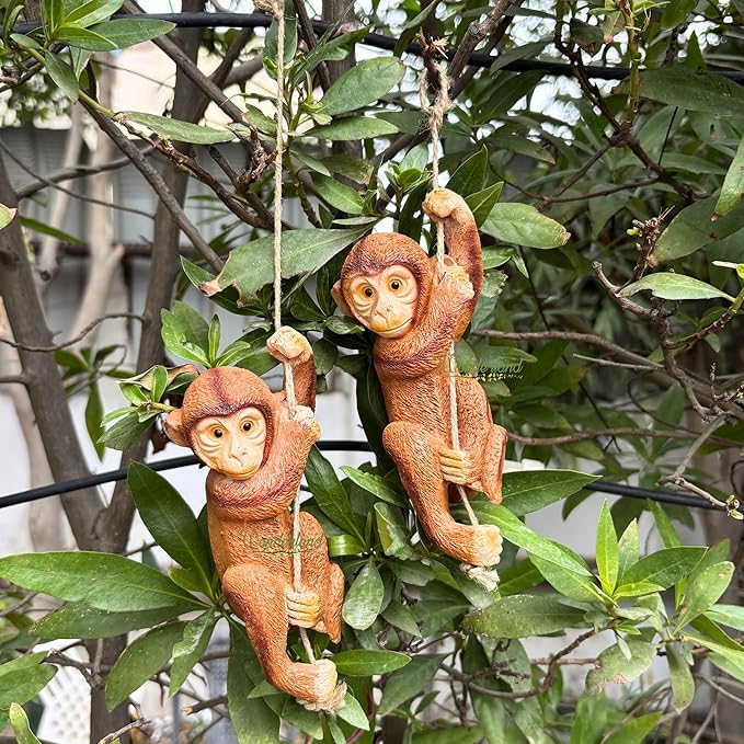 Set of 2 Light Brown Realistic Hanging Monkey Sculpture