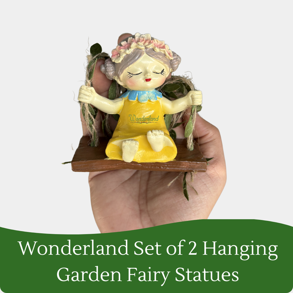 Set of 2 Hanging Garden Fairy Statues – Whimsical Girl on Swing Yellow