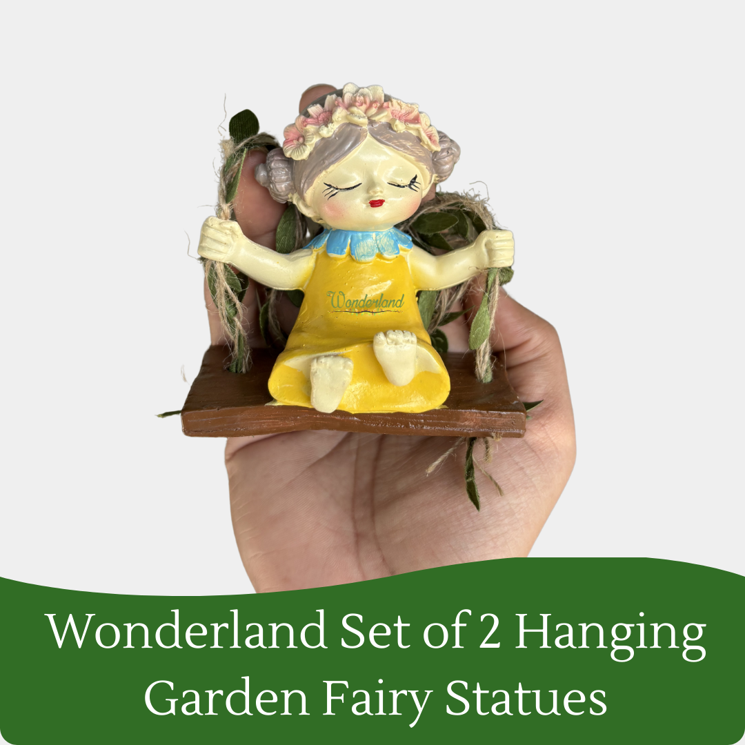 Set of 2 Hanging Garden Fairy Statues – Whimsical Girl on Swing Yellow