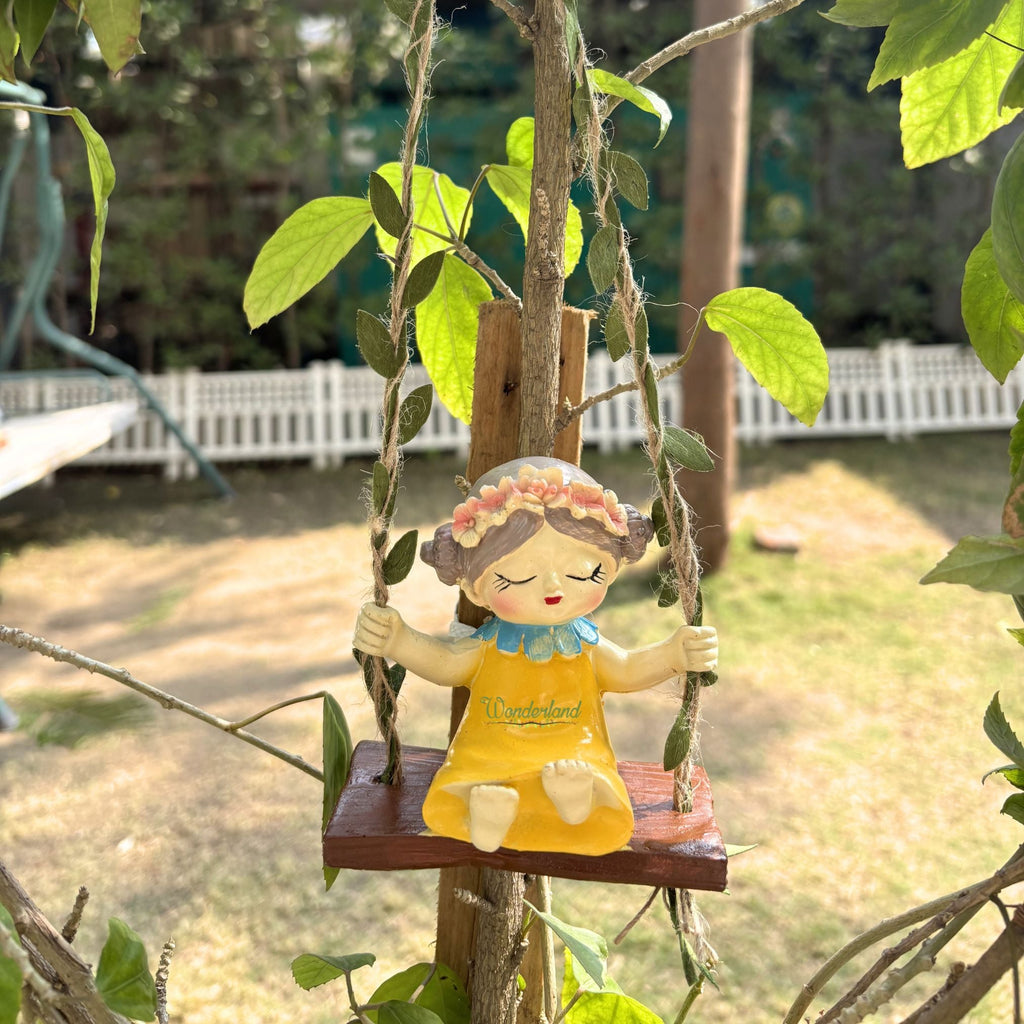 Set of 2 Hanging Garden Fairy Statues – Whimsical Girl on Swing Yellow