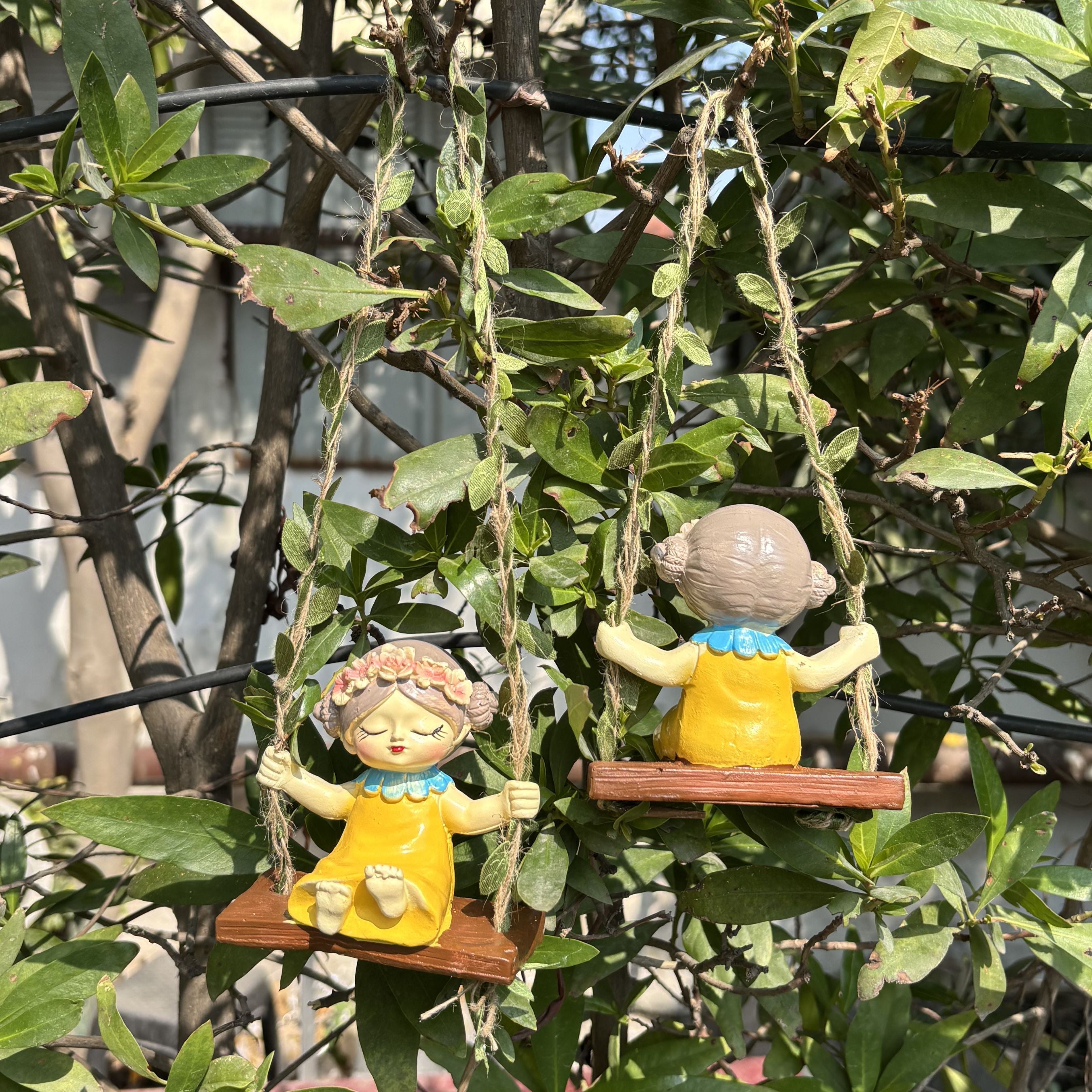 Set of 2 Hanging Garden Fairy Statues – Whimsical Girl on Swing Yellow