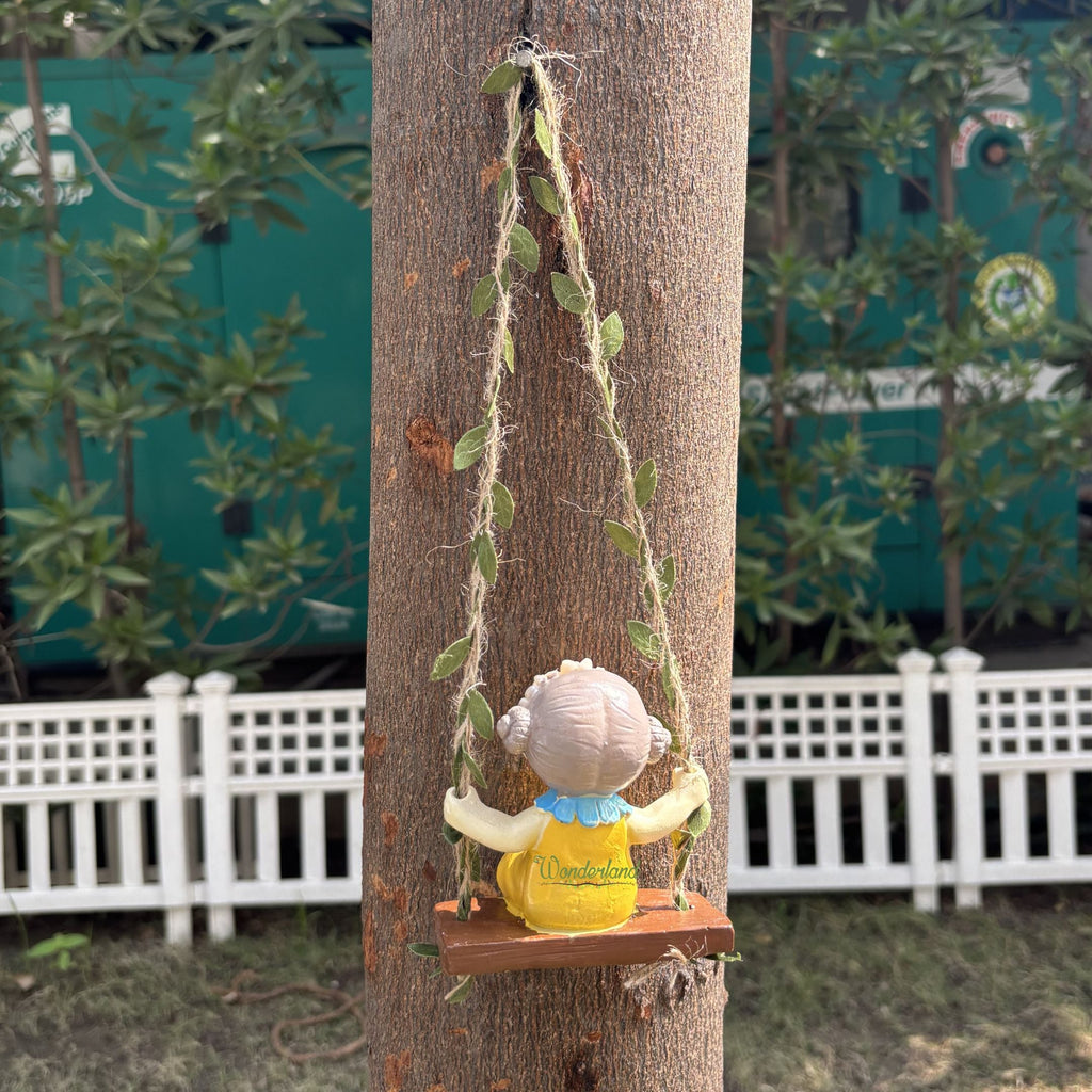 Set of 2 Hanging Garden Fairy Statues – Whimsical Girl on Swing Yellow