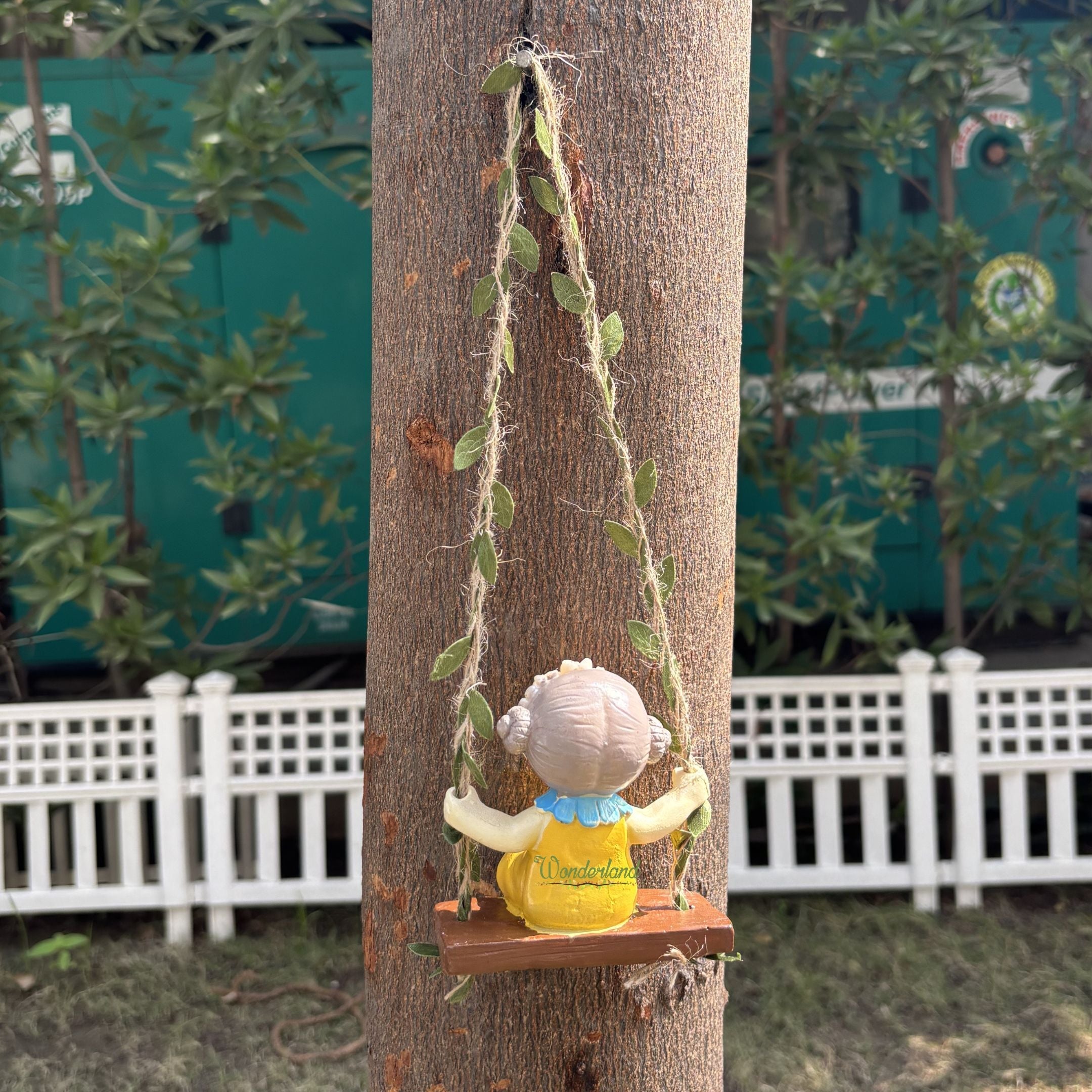 Set of 2 Hanging Garden Fairy Statues – Whimsical Girl on Swing Yellow