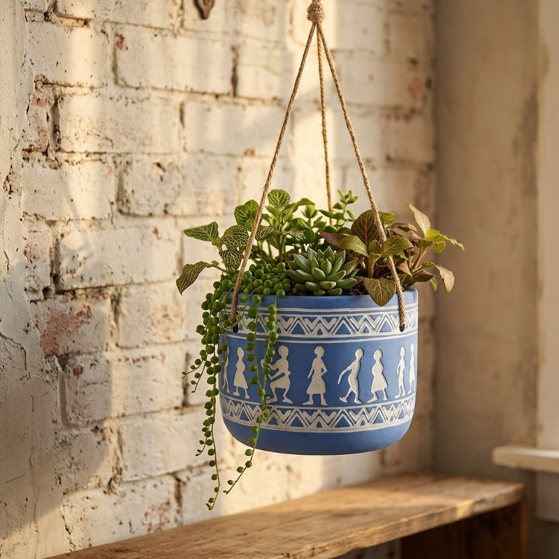 Blue Hanging Planter-Cute Plant Pot - For Indoor/Outdoor Decor, For Plants, Flowers, And Herbs White