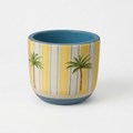 Hand-Painted Tropical Palm Terracotta Planter – 4-Inch Striped Coastal Indoor Pot for Succulents and Cacti – Blue & Yellow