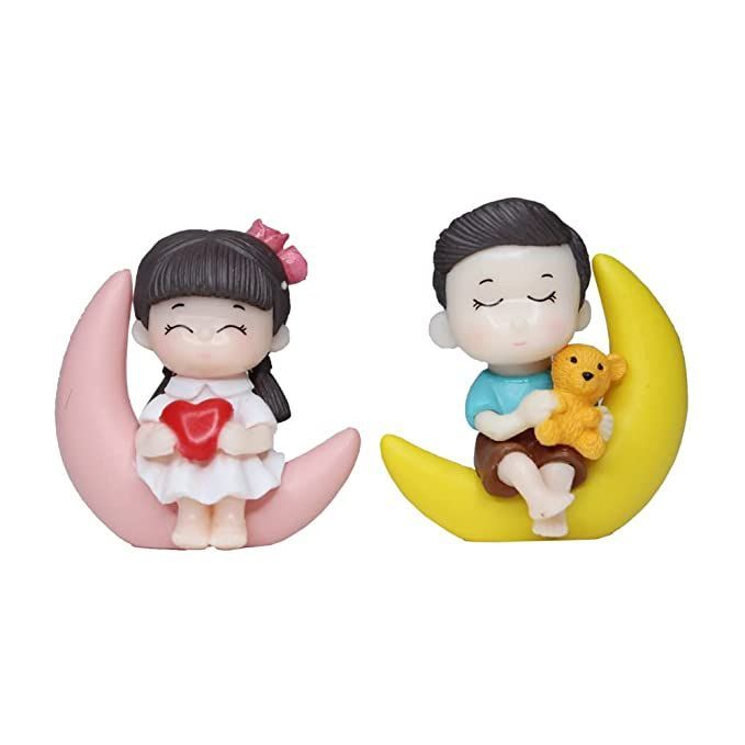 Set of 2 Couple Miniature  Dolls on the moon Boy & Girl| Fairy Garden Accesory| Doll House| Bonsai Tray Graden| Valentine/ Anniversary Gift- Boy- 1.7x0.7x1.8, Girl-1.7x0.7x1.8inch