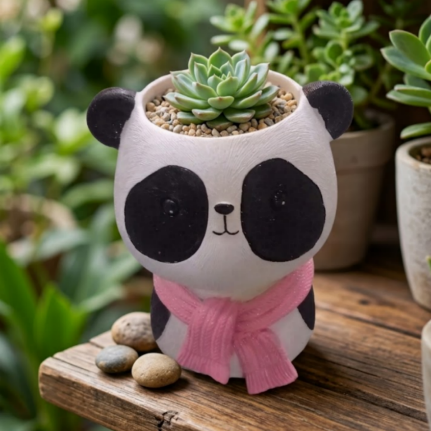 Cute Panda Animal Planter – Mini Flower Pot with Pink Scarf  (Plant not included)