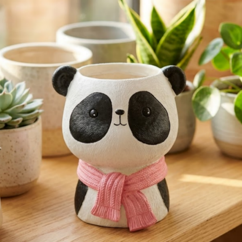 Cute Panda Animal Planter – Mini Flower Pot with Pink Scarf  (Plant not included)