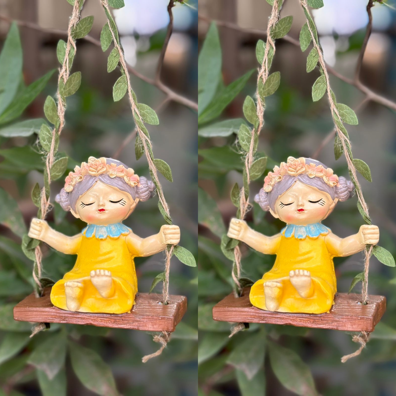 Set of 2 Hanging Garden Fairy Statues – Whimsical Girl on Swing Yellow