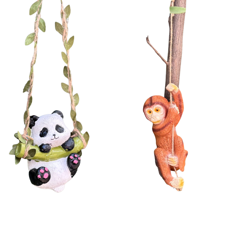 Hanging Garden Statue Set – Panda on Swing & Hanging Monkey Figurines