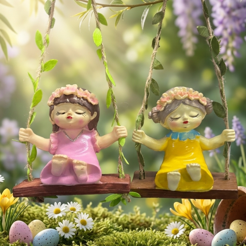 Garden Fairies on Hanging Swings – Set of 2- Pink & Yellow- 3.5x2.1x3.6inch