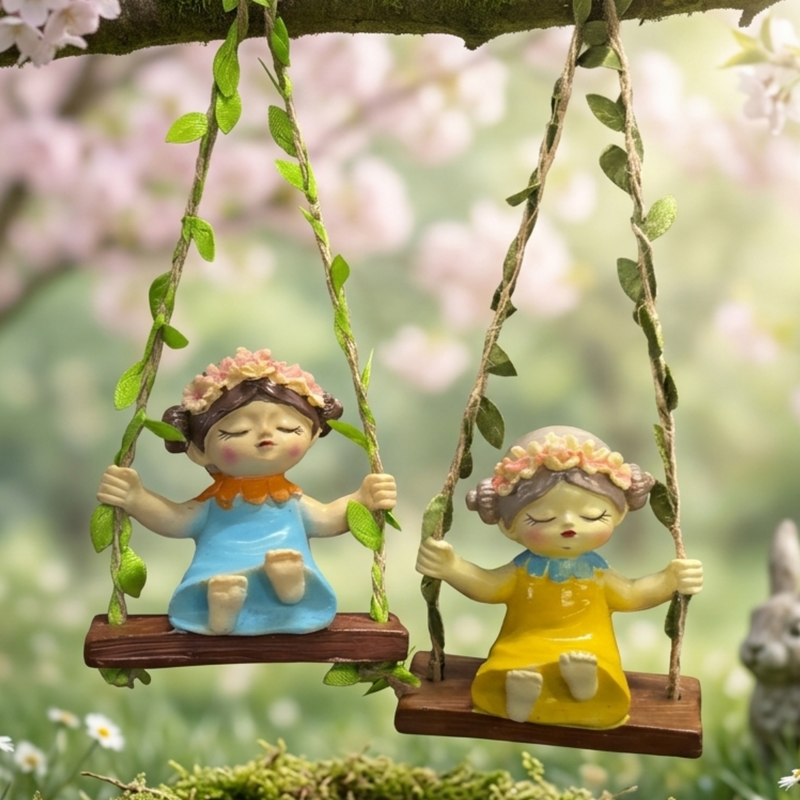 Garden Fairy Duo on Hanging Swings – Resin Figurine Blue & Yellow