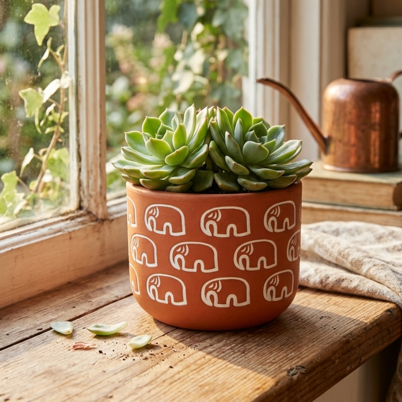 4-Inch Hand-Painted Terracotta Elephant Planter – Small  Round Clay Pot for Succulents and Cacti – Rustic Indoor Garden Decor
