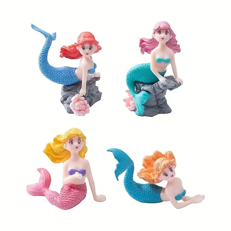 Wonderland 4-Pack Miniature Mermaid Figurines Set - Colorful Resin Decor for Fairy Garden, Dollhouse, and Terrariums
