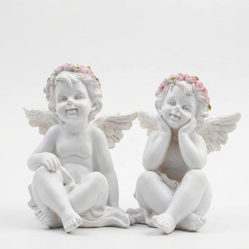 White Cherub Angel Garden Statues with Pink Flower Crowns (Set of 2)
