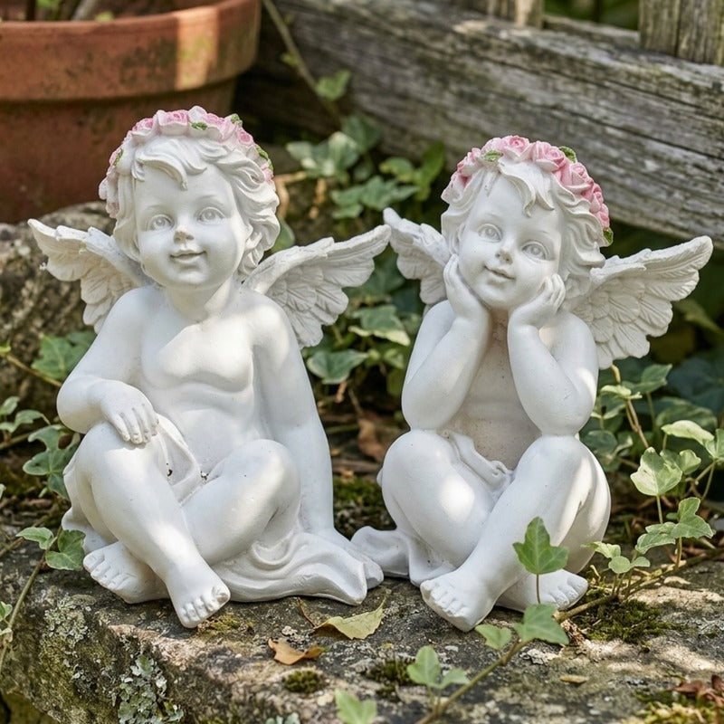 White Cherub Angel Garden Statues with Pink Flower Crowns (Set of 2)