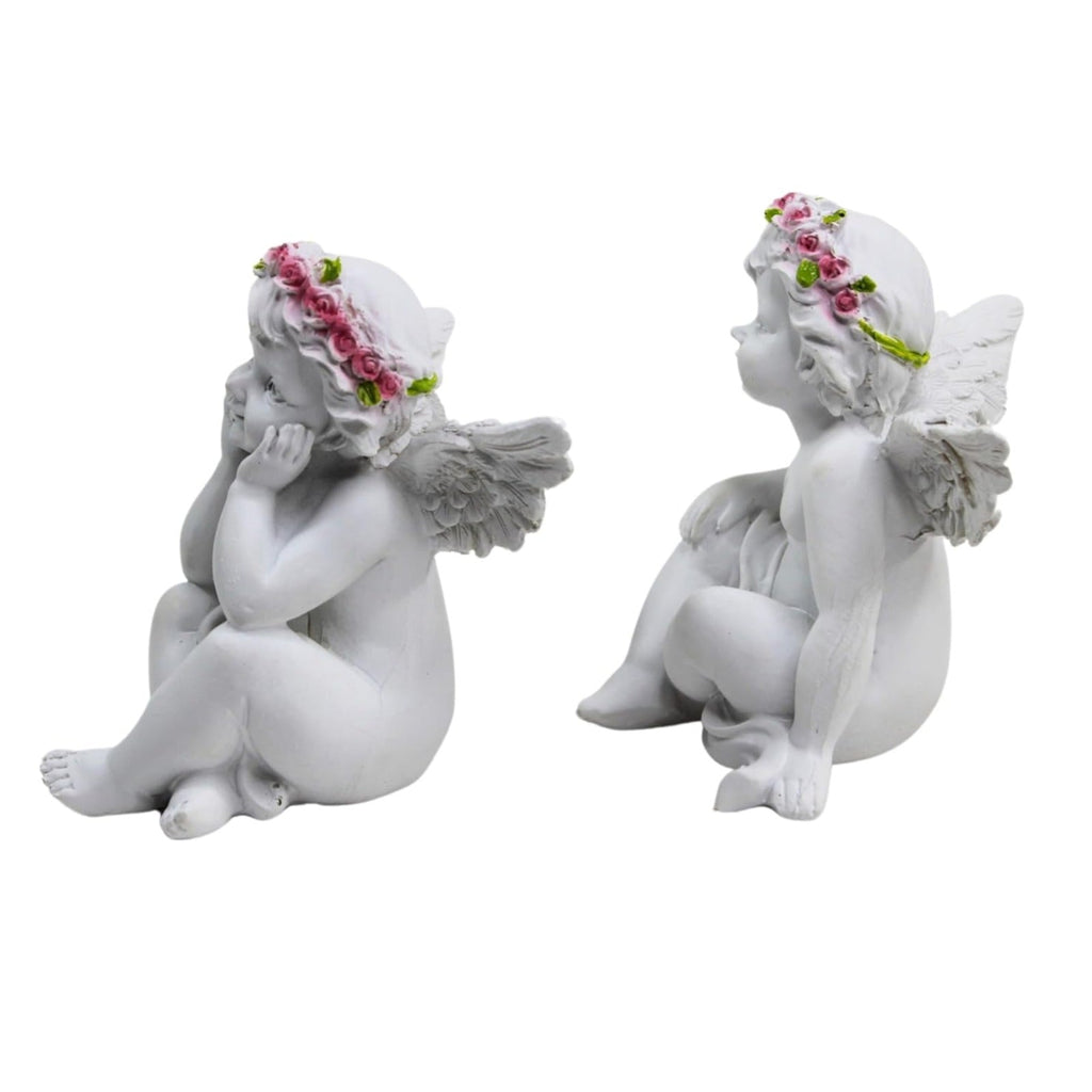 White Cherub Angel Garden Statues with Pink Flower Crowns (Set of 2)