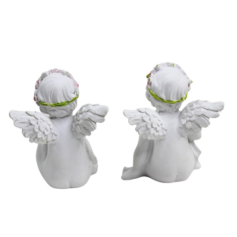 White Cherub Angel Garden Statues with Pink Flower Crowns (Set of 2)