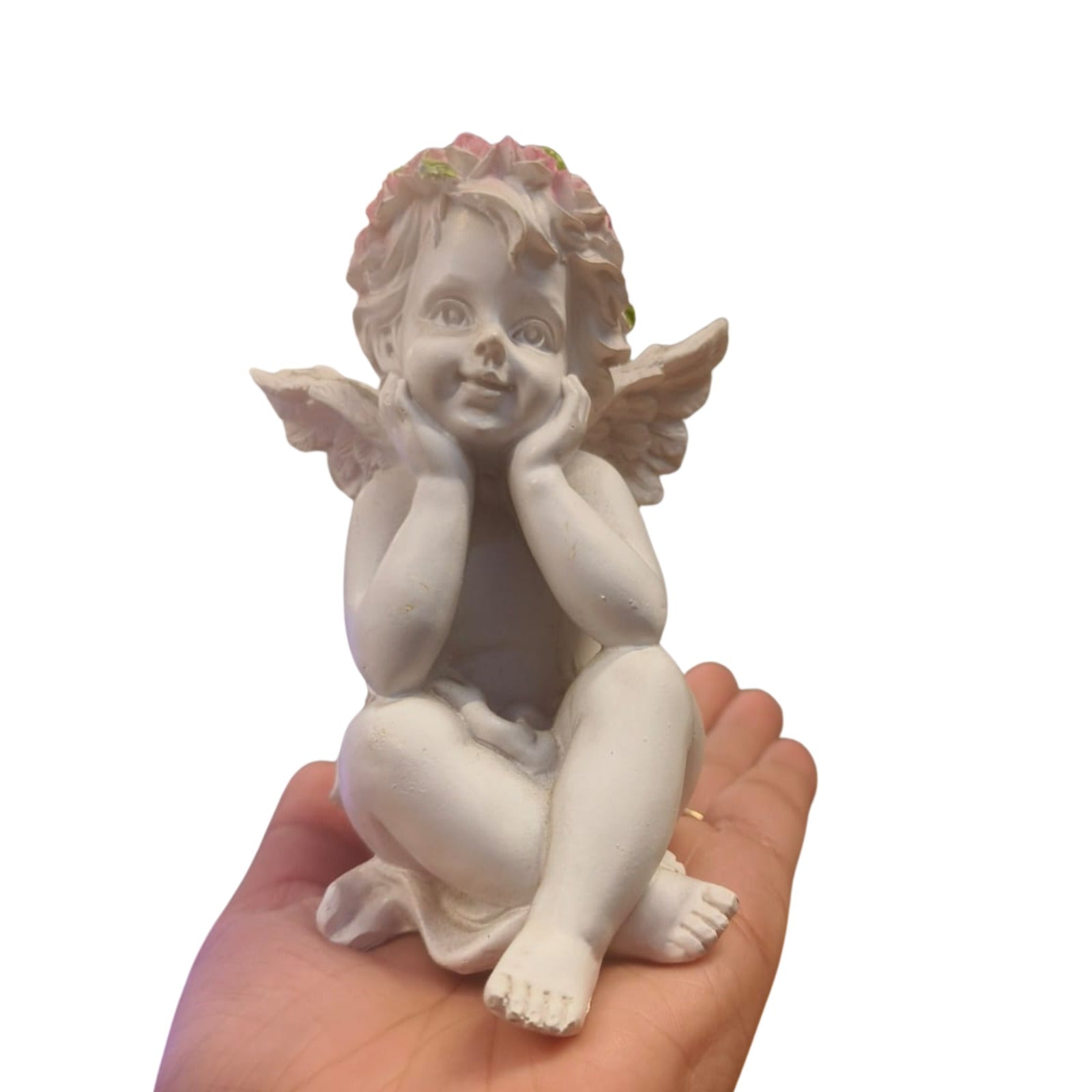 White Cherub Angel Garden Statues with Pink Flower Crowns (Set of 2)