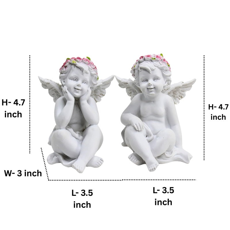 White Cherub Angel Garden Statues with Pink Flower Crowns (Set of 2)