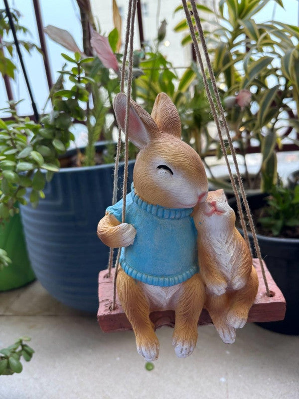 Hanging Garden Bunny Statue – Hand-Painted Rabbit Mother and Baby on Swing
