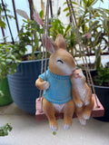 Hanging Garden Bunny Statue – Hand-Painted Rabbit Mother and Baby on Swing