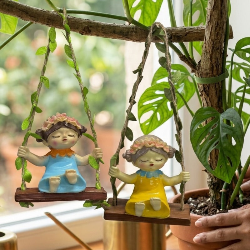 Garden Fairy Duo on Hanging Swings – Resin Figurine Blue & Yellow