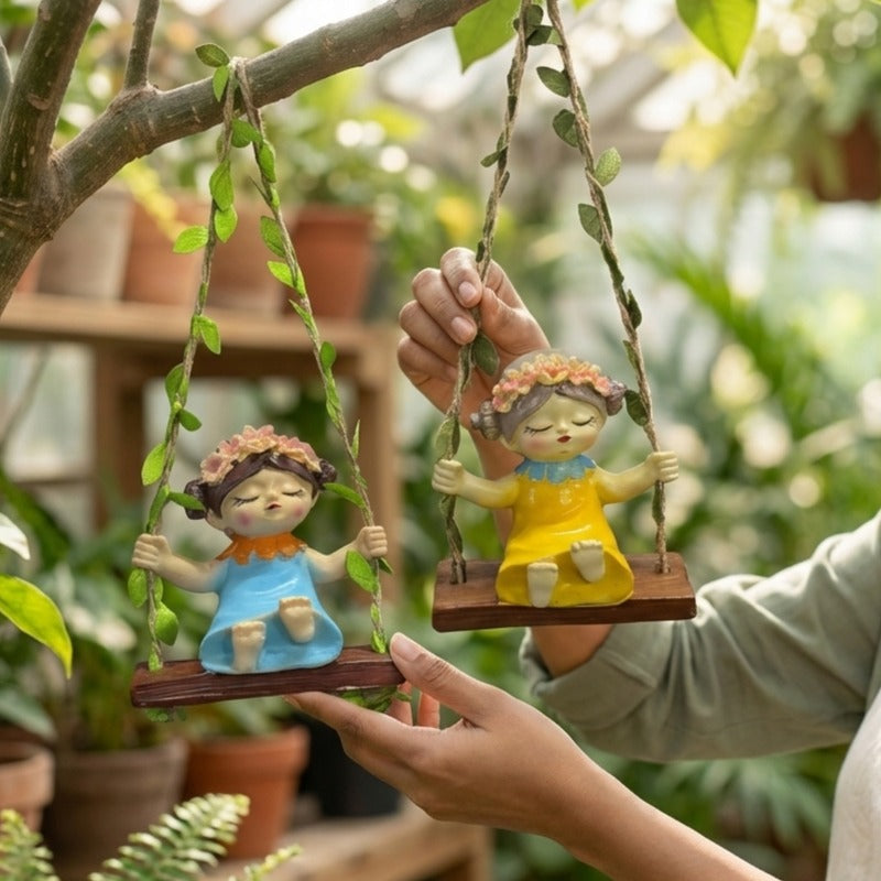 Garden Fairy Duo on Hanging Swings – Resin Figurine Blue & Yellow