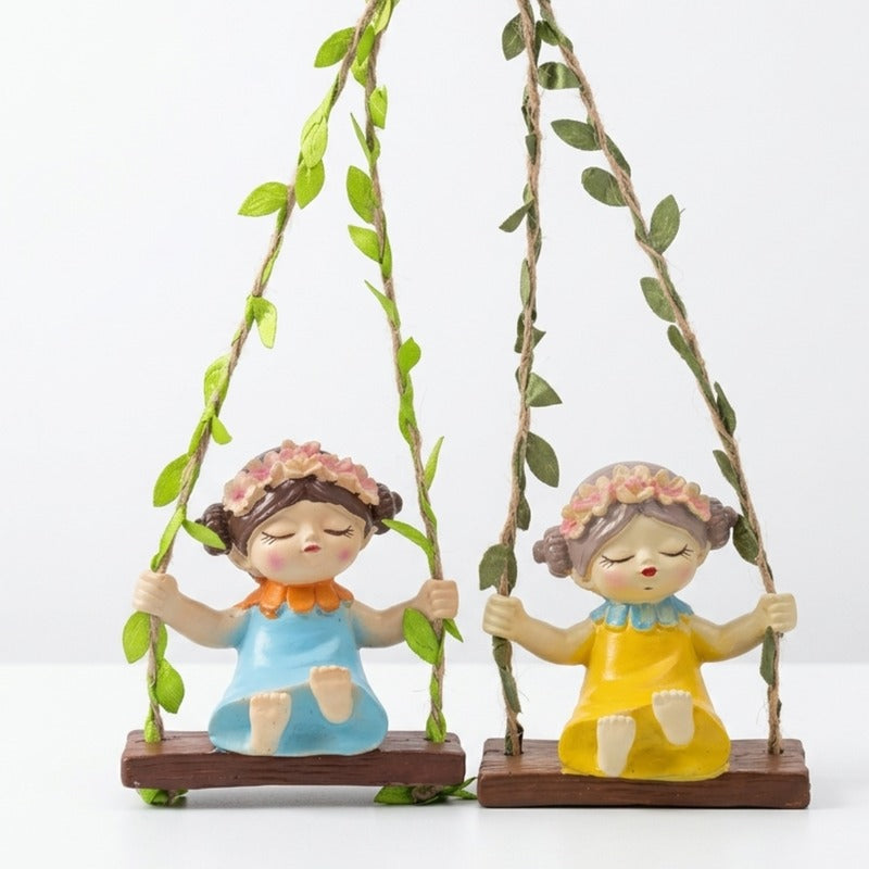Garden Fairy Duo on Hanging Swings – Resin Figurine Blue & Yellow