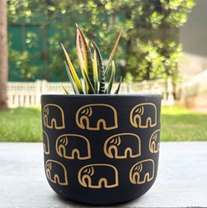 Terracoota Pot - Elephant Print - Cute Plant Pot - For Indoor/Outdoor Decor, For Plants, Flowers, And Herbs (Black)