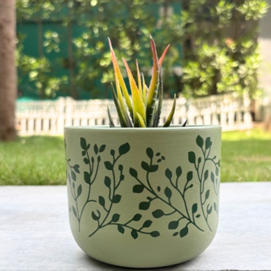 Terracotta Pot - Botanical Vine Print - Aesthetic Plant Pot - For Indoor/Outdoor Decor, For Plants, Flowers, And Herbs Green