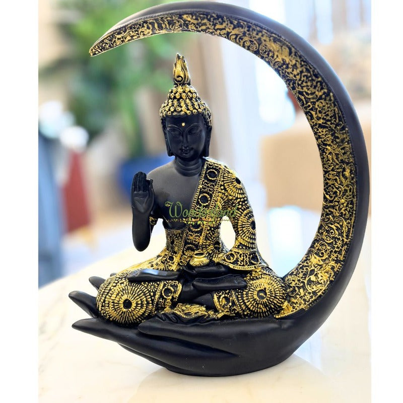 Elegant Black and Gold Meditating Buddha Idol on  Moon & Hand Base