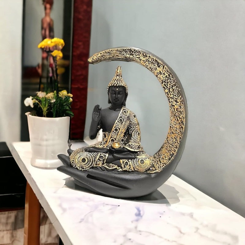 Elegant Black and Gold Meditating Buddha Idol on  Moon & Hand Base