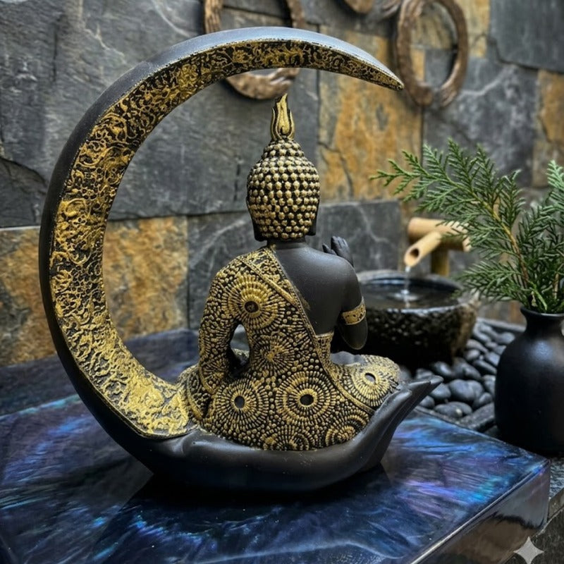 Elegant Black and Gold Meditating Buddha Idol on  Moon & Hand Base