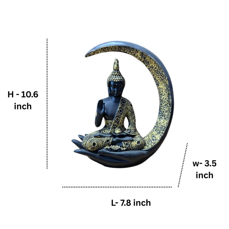 Elegant Black and Gold Meditating Buddha Idol on  Moon & Hand Base