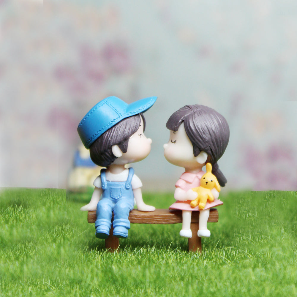 Couple Miniature Toys - Set of 2 Girl and Boy on bench (Blue)|Fairy garden accessories| Figurine Doll House Accessories | Bonsai Tray Garden Decor-2.1x0.9x2.3 inch