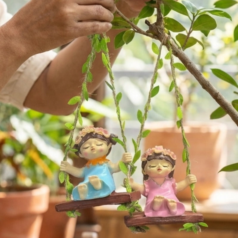 Hanging Fairy Girl Figurines – Set of 2 Hand-Painted Garden Swing Statues 3.5x2.1x3.6 inch