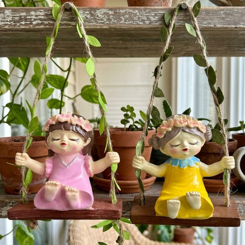 Garden Fairies on Hanging Swings – Set of 2- Pink & Yellow- 3.5x2.1x3.6inch